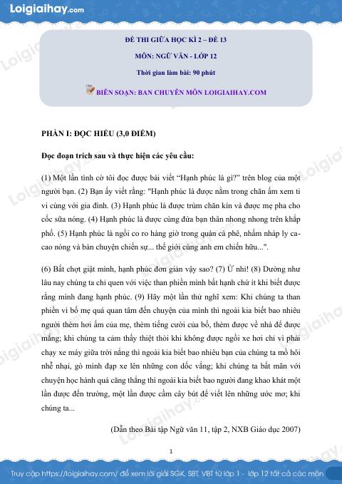 Đề kiểm tra giữa học kì 2 Ngữ văn 12 - Đề số 13 có lời giải chi tiết